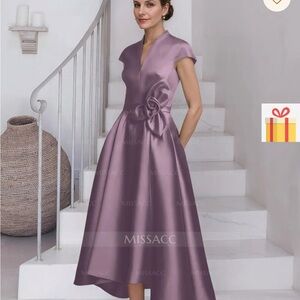 Satin Mauve Asymmetrical Midi Dress with Rosette Waist